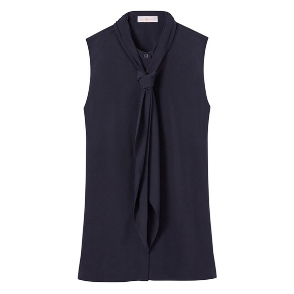 TORY BURCH Sleeveless Bow Blouse High Neck Top Medium Navy Women's Size 10 - Picture 1 of 8